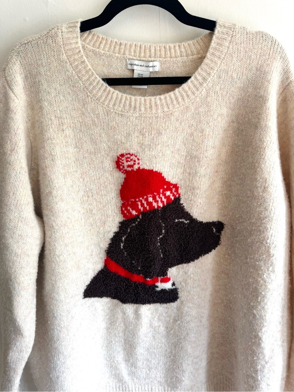 cupcakes & cashmere Cream Crewneck Sweater with Black Dog and Red Accents